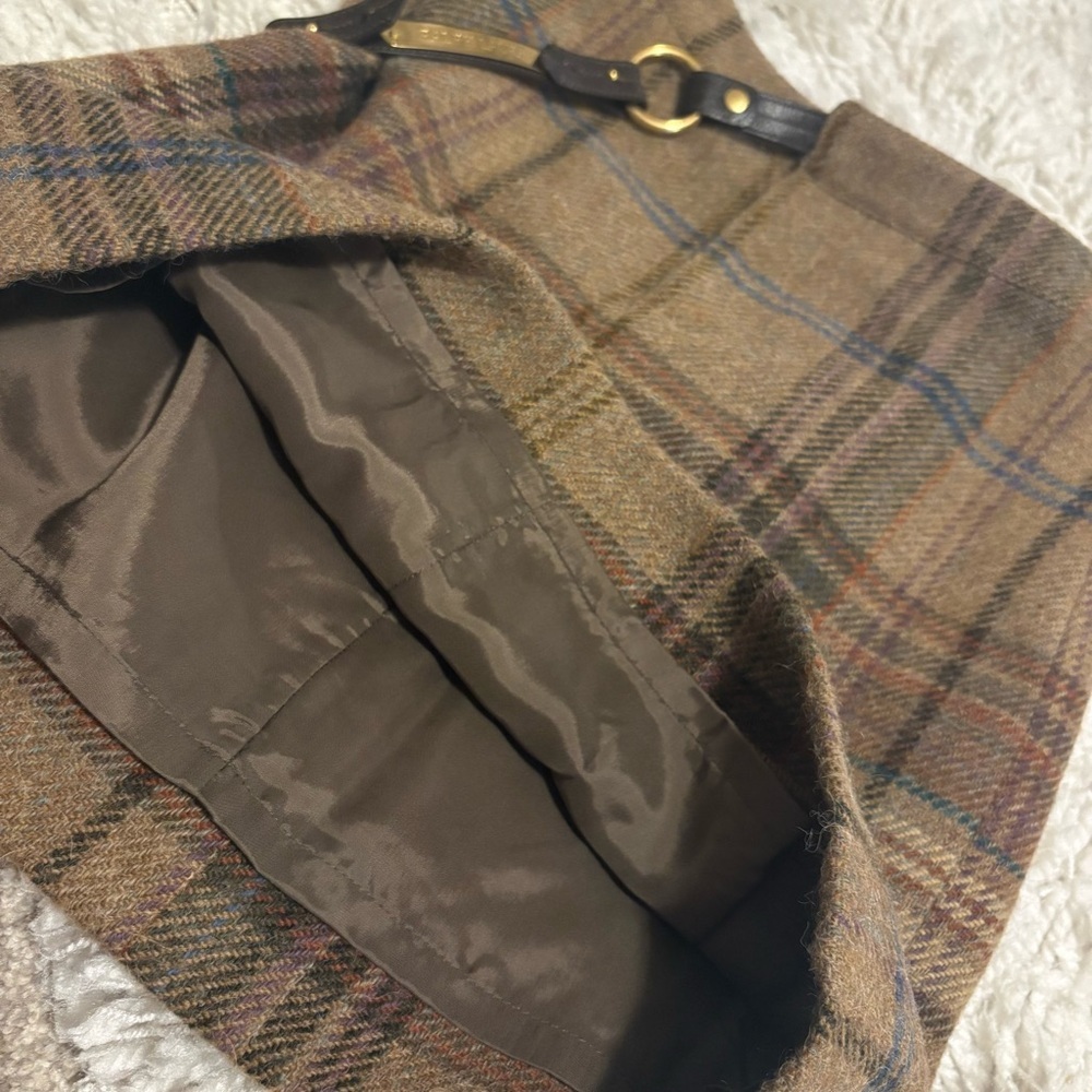 Vintage Ralph Lauren Plaid Wool Mini Skirt Leather Gold Chain Belt 90s y2k Prep - Picture 9 of 13